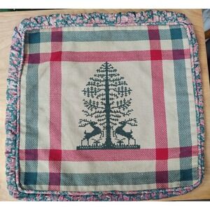 Completed Cross Stitch Tree Deer Ruched Sides Hidden Zipper Piping Pillow 15X15